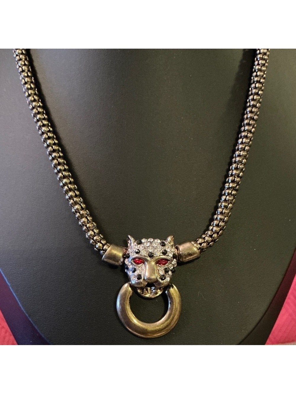 Door knocker Panther Necklace Rhinestone Red Eyes Big Cat Bling Statement Piece